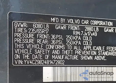 2008 Volvo Xc90 3.2 из США, поврежденный, VIN YV4CZ982481472802